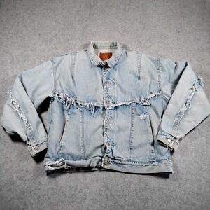 Vintage Code Bleu Men Distressed Denim Trucker Jacket Light Wash Made in Japan L